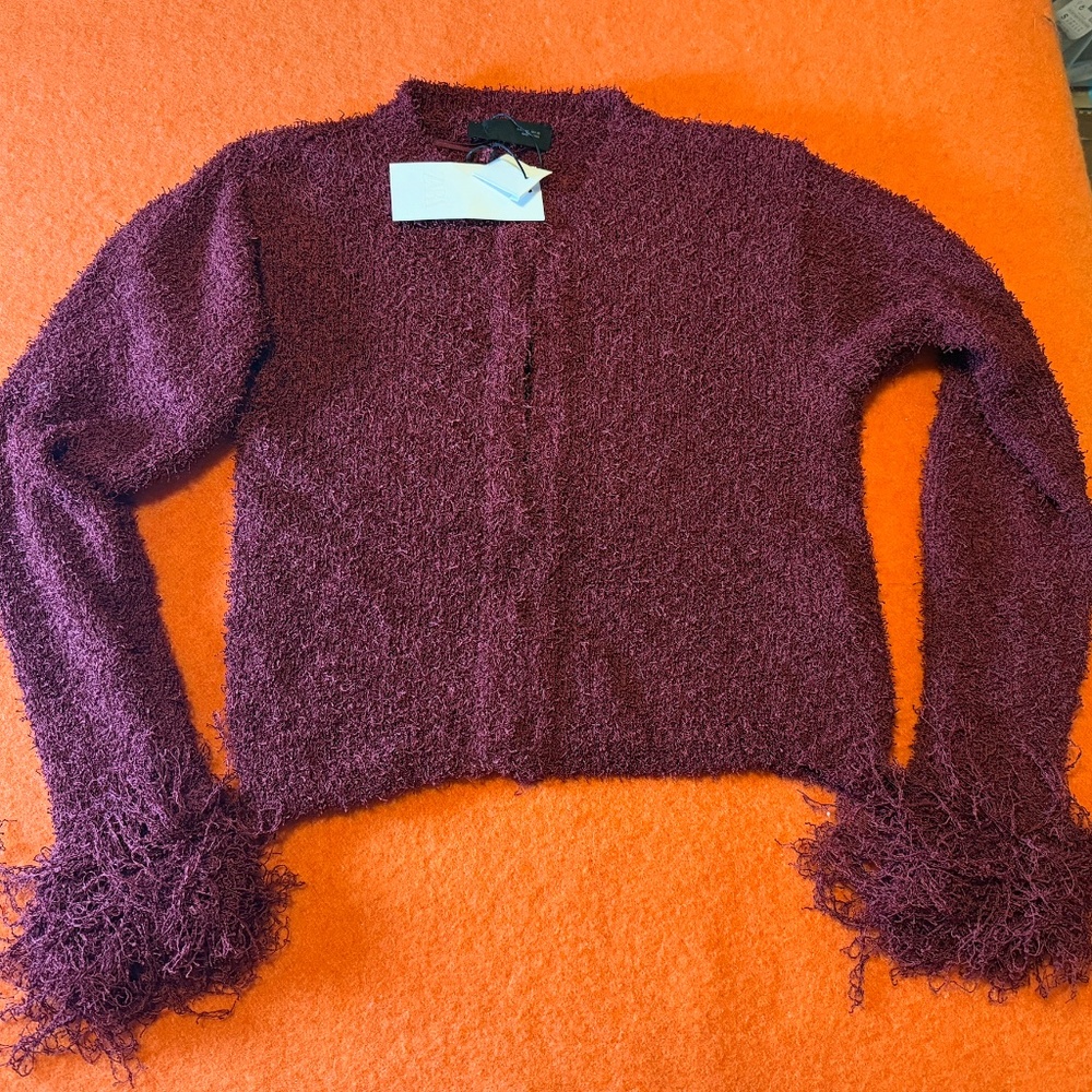 Zara boho burgundy fringed fuzzy soft knit cardigan NWT - Picture 4 of 9